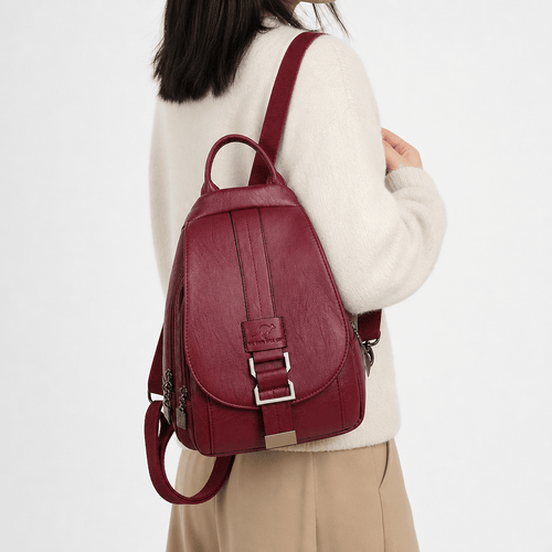 Women's Small Burgundy PU Leather Travel Backpack