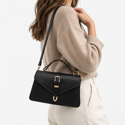 Isaline Small Black Crossbody Handbag with Gold-Tone Flap
