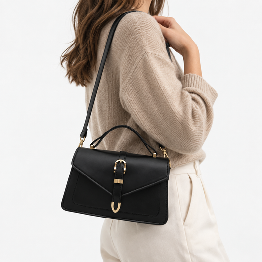 Isaline Small Black Crossbody Handbag with Gold-Tone Flap