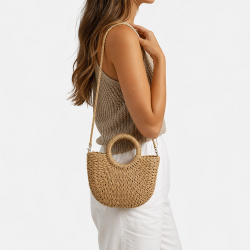 Léna Small Beige Straw Crossbody Bag