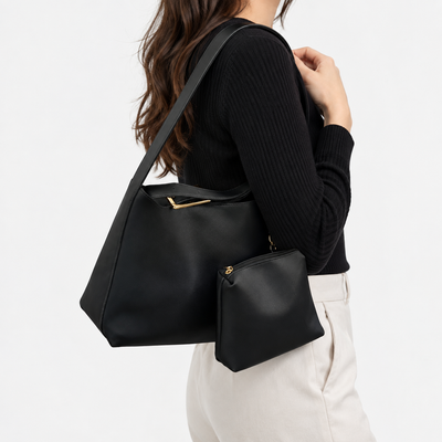 Léna Black Women's Shoulder Bag with Matching Detachable Pouch