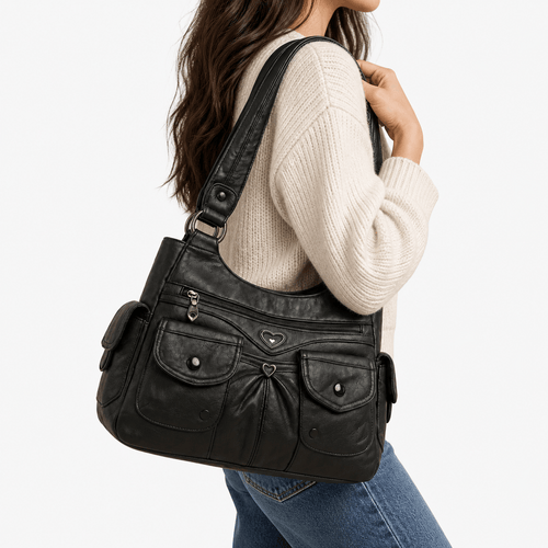 Louise Black PU Leather Multi-Pocket Shoulder Bag Solid