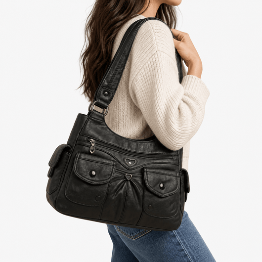 Louise Black PU Leather Multi-Pocket Shoulder Bag Solid