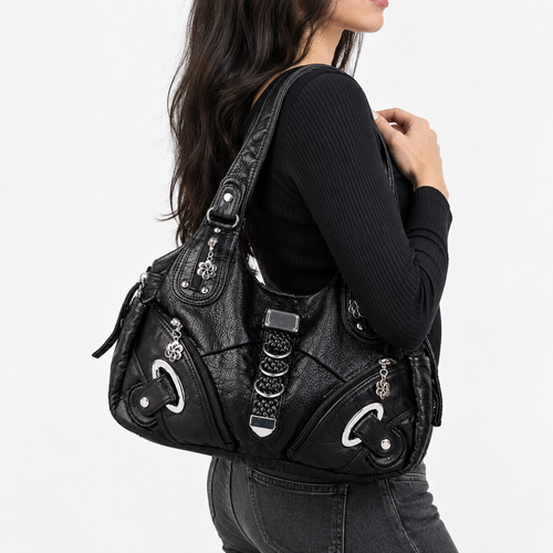 Black Faux Leather Multi-Pocket School Handbag