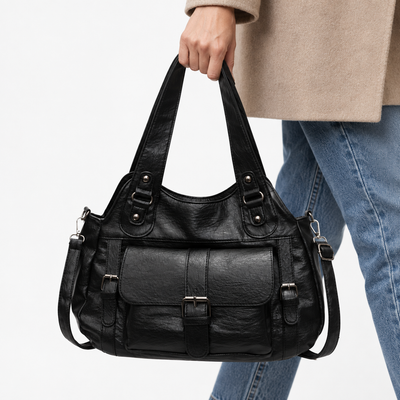 Women's Black Faux Leather Vintage School Handbag with Shoulder Strap