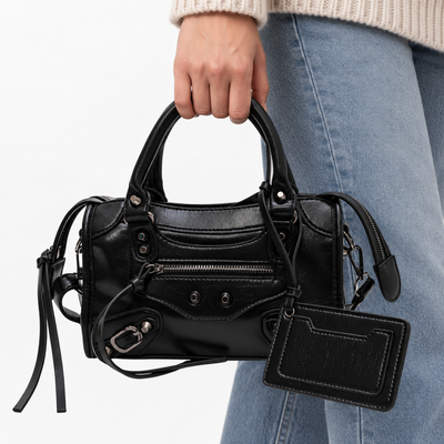 Black Retro Synthetic Leather Studded Handbag