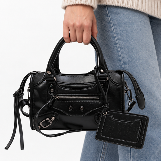 Black Retro Synthetic Leather Studded Handbag
