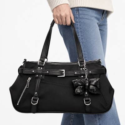 KOREE Black Faux Leather Shoulder Tote Bag with Bow Charm