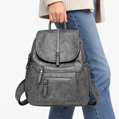 Women's Vintage Grey PU Leather Multi-Pocket Backpack
