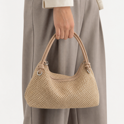 Alia Beige Woven Straw Hobo Bag with Zip Closure
