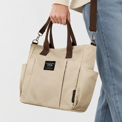 Women's Beige and Brown Canvas Multi-Pocket Tote Bag with Shoulder Strap