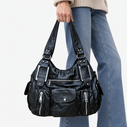 Clémentine Black Faux Leather Multi-Pocket Shoulder Bag