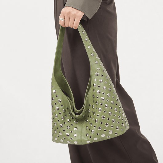 Vivian Green PU Leather Rivet Hobo Shoulder Bag