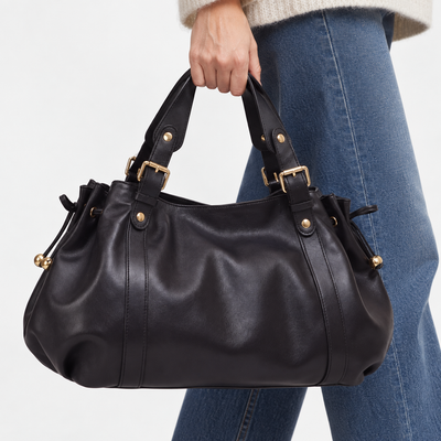 Enora Large Black Faux Leather Bowling Handbag