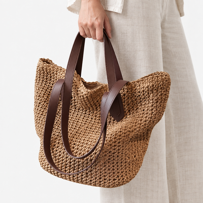 Lina Large Braided Straw Tote Bag with Brown Straps