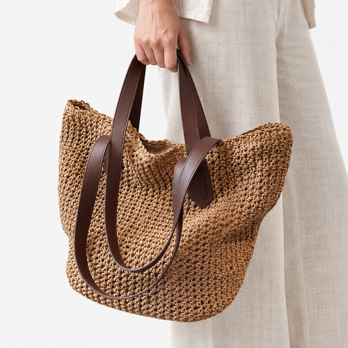 Lina Large Braided Straw Tote Bag with Brown Straps