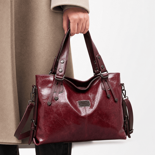 Women's Vintage Burgundy PU Leather Tote Handbag with Shoulder Strap