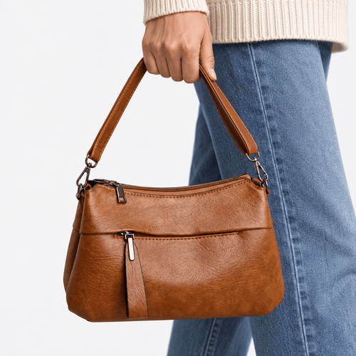 Mona Brown PU Leather Multi-Pocket Crossbody Bag