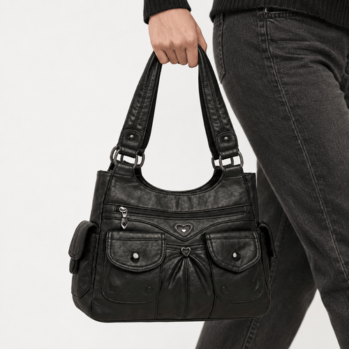 Louise Black PU Leather Multi-Pocket Shoulder Bag Solid