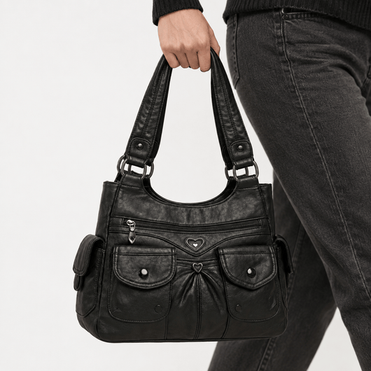 Louise Black PU Leather Multi-Pocket Shoulder Bag Solid