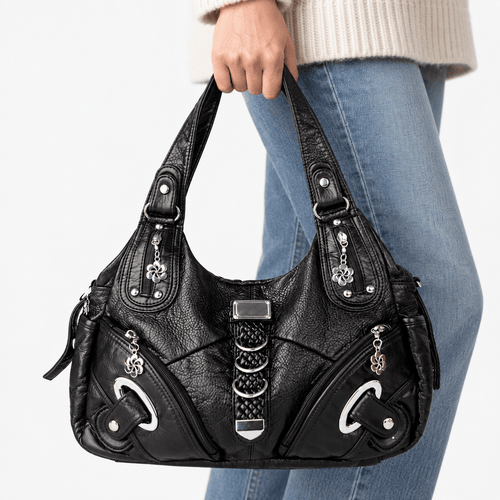 Black Faux Leather Multi-Pocket School Handbag