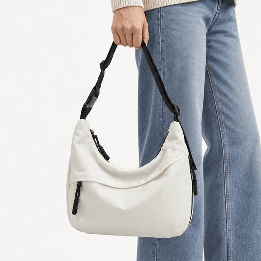 White Nylon Hobo Shoulder Bag with Adjustable Strap