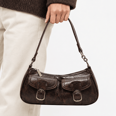 Brown Vintage Faux Leather Shoulder Handbag