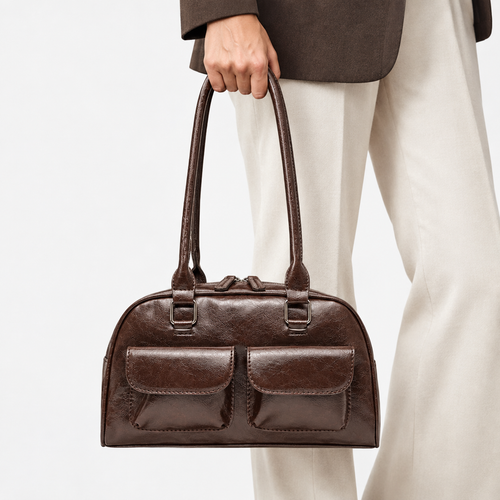 Brown Synthetic Leather Multi-Pocket Handbag