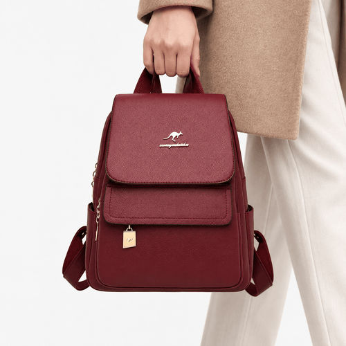 Women's Burgundy PU Leather Backpack with Gold-Tone Hardware