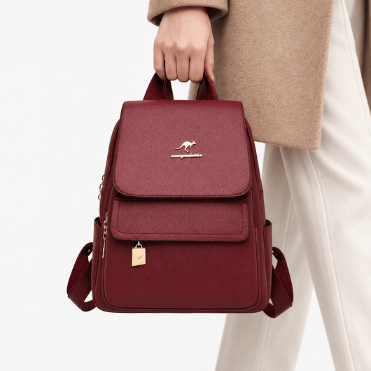 Women's Burgundy PU Leather Backpack with Gold-Tone Hardware