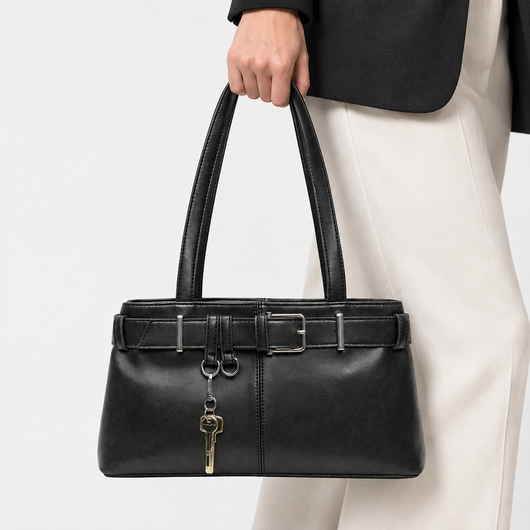 Women's Black Vegan Leather Belted Shoulder Bag