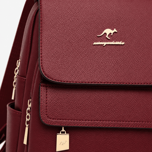Women's Burgundy PU Leather Backpack with Gold-Tone Hardware