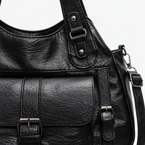 Women's Black Faux Leather Vintage School Handbag with Shoulder Strap