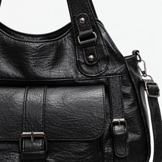 Women's Black Faux Leather Vintage School Handbag with Shoulder Strap
