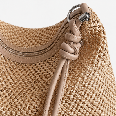 Alia Beige Woven Straw Hobo Bag with Zip Closure
