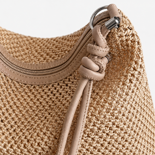 Alia Beige Woven Straw Hobo Bag with Zip Closure