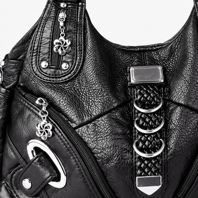 Black Faux Leather Multi-Pocket School Handbag