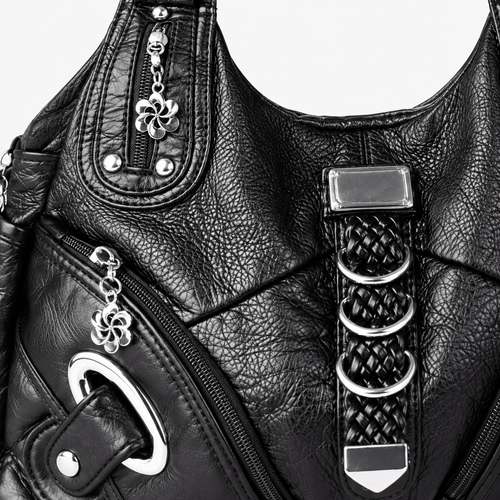 Black Faux Leather Multi-Pocket School Handbag
