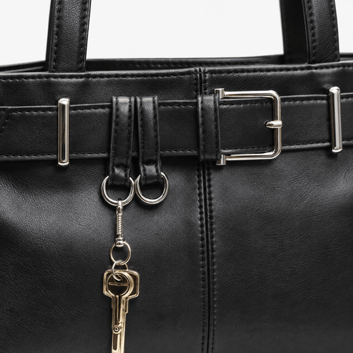 Women's Black Vegan Leather Belted Shoulder Bag