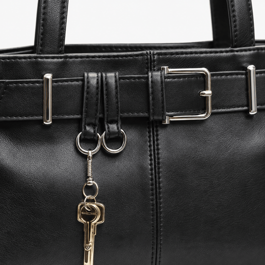 Women's Black Vegan Leather Belted Shoulder Bag