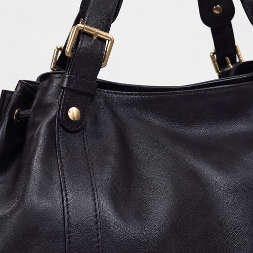 Enora Large Black Faux Leather Bowling Handbag