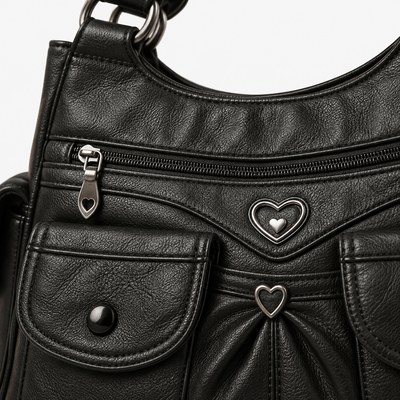 Louise Black PU Leather Multi-Pocket Shoulder Bag Solid