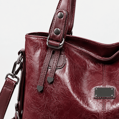 Women's Vintage Burgundy PU Leather Tote Handbag with Shoulder Strap