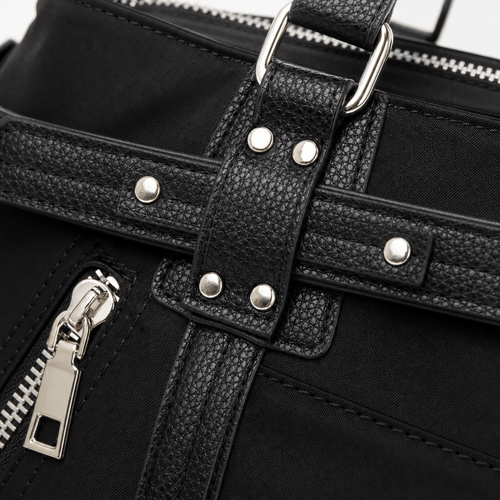 KOREE Black Faux Leather Shoulder Tote Bag with Bow Charm