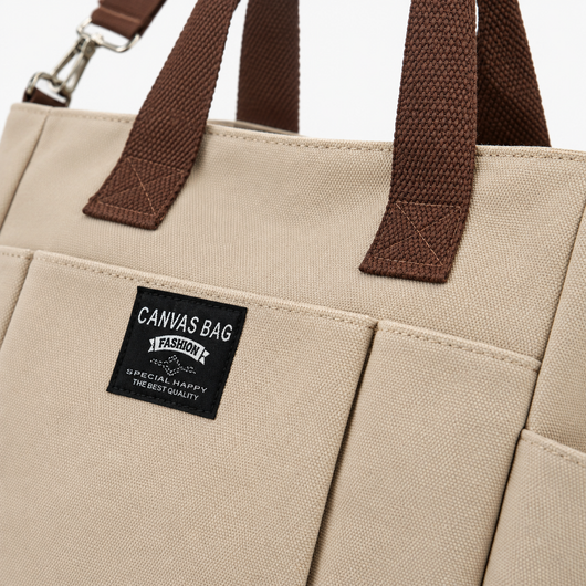 Women's Beige and Brown Canvas Multi-Pocket Tote Bag with Shoulder Strap