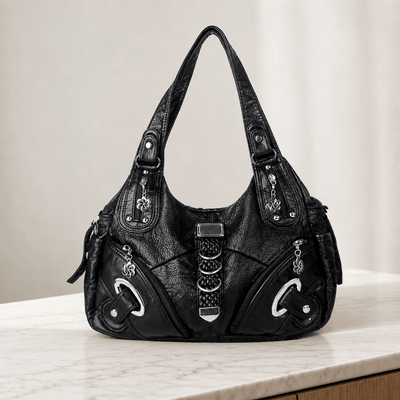 Black Faux Leather Multi-Pocket School Handbag