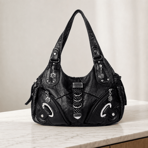 Black Faux Leather Multi-Pocket School Handbag