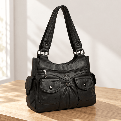 Louise Black PU Leather Multi-Pocket Shoulder Bag Solid