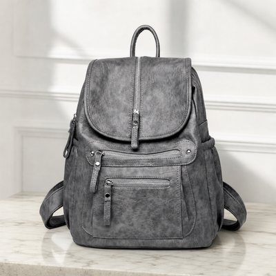 Women's Vintage Grey PU Leather Multi-Pocket Backpack