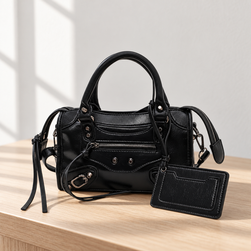 Black Retro Synthetic Leather Studded Handbag